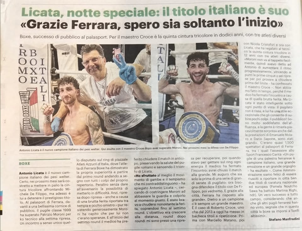 Licata campione italiano pesi welter — titolo tricolore a Ferrara