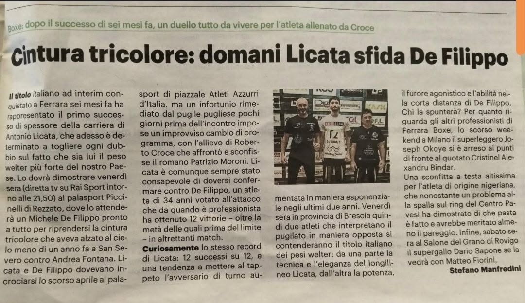 Cintura tricolore: domani Licata sfida De Filippo